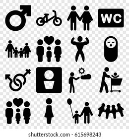 Boy icons set. set of 16 boy filled icons such as man WC, baby food, child bicycle, woman, WC, family, male and female, man, bodybuilder, father and son, man symbol, children