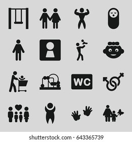 Boy icons set. set of 16 boy filled icons such as woman wc, baby girl, baby food, wc, family, male and female, swing, bodybuilder, man, mother and son