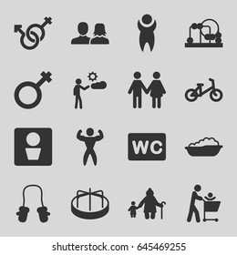 Boy icons set. set of 16 boy filled icons such as man wc, child bicycle, baby bath, baby toy, child playground carousel, baby mitten, man and woman, wc, male, male and female