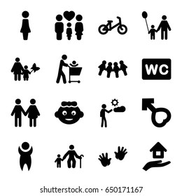 Boy icons set. set of 16 boy filled icons such as baby girl, child bicycle, baby hands, woman, wc, family, male, man, house insurance, father and son, mother and son