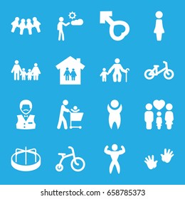 Boy icons set. set of 16 boy filled icons such as child bicycle, child playground carousel, baby hands, woman, casino boy, family, male, man, bodybuilder, family house