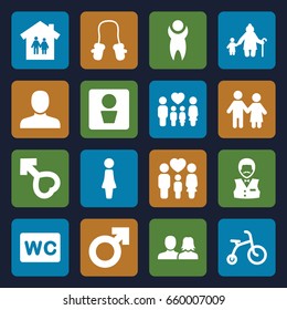 Boy icons set. set of 16 boy filled icons such as man wc, child bicycle, baby mitten, woman, man, man and woman, casino boy, wc, family, male, couple