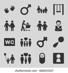 Boy icons set. set of 16 boy filled icons such as woman wc, beanbag, baby food, baby hands, casino boy, wc, family, male, female, swing, couple, father and son