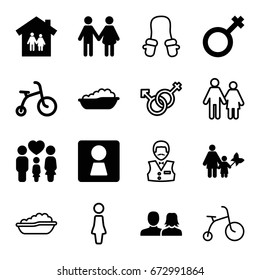 Boy icons set. set of 16 boy filled and outline icons such as woman wc, child bicycle, baby bath, man and woman, family, male, baby mitten, woman, casino boy, family house
