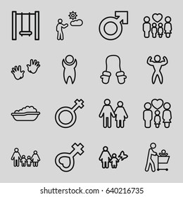 Boy icons set. set of 16 boy outline icons such as baby bath, baby mitten, baby hands, family, male, female, man, swing, bodybuilder, couple, mother and son, man symbol