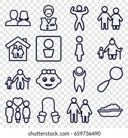 Boy icons set. set of 16 boy outline icons such as man wc, baby girl, beanbag, baby bath, baby mitten, woman, man and woman, casino boy, family, bodybuilder, man, couple
