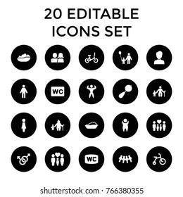 Boy icons. set of 20 editable filled boy icons such as beanbag, child bicycle, baby bath, woman, wc, man, father and son, old man with child, old woman and child, children