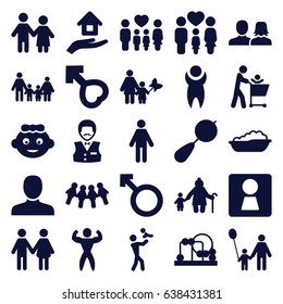 Boy icons set. set of 25 boy filled icons such as woman wc, baby girl, beanbag, baby bath, man, man and woman, casino boy, family, male, house insurance, bodybuilder, couple