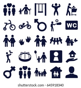 Boy icons set. set of 25 boy filled icons such as woman wc, child bicycle, child playground carousel, baby hands, man, wc, family, woman, female, house insurance, swing