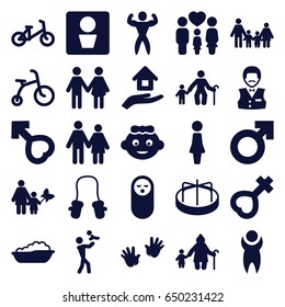 Boy icons set. set of 25 boy filled icons such as man wc, baby girl, baby food, child bicycle, child playground carousel, woman, casino boy, family, female, male