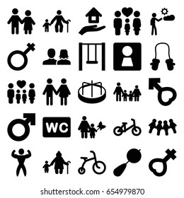 Boy icons set. set of 25 boy filled icons such as woman wc, beanbag, child bicycle, child playground carousel, baby mitten, man and woman, wc, family, male, female, man