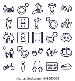 Boy icons set. set of 25 boy outline icons such as man wc, woman wc, baby girl, child bicycle, baby bath, child playground carousel, woman, wc, male, female, house insurance