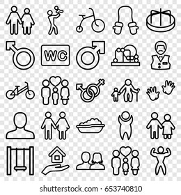 Boy icons set. set of 25 boy outline icons such as child bicycle, baby bath, baby toy, child playground carousel, man, man and woman, casino boy, wc, family, woman