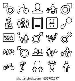 Boy icons set. set of 25 boy outline icons such as man wc, beanbag, child bicycle, baby mitten, man, man and woman, casino boy, wc, family, male, woman, male and female