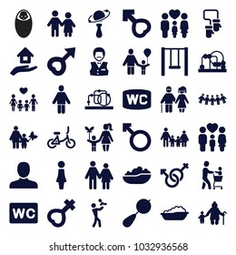 Boy icons. set of 36 editable filled boy icons such as beanbag, baby bath, baby toy, woman, man, casino boy, wc, couple, family, mother and son, old woman and child, female