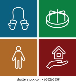 Boy icons set. set of 4 boy outline icons such as child playground carousel, baby mitten, house insurance