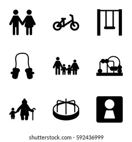 boy icons set. Set of 9 boy filled icons such as woman WC, child bicycle, baby toy, child playground carousel, baby mitten, swing, family