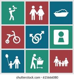 Boy icons set. set of 9 boy filled icons such as woman WC, child bicycle, baby bath, male and female, family, father and son, father with baby
