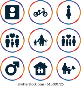Boy icons set. set of 9 boy filled icons such as man WC, child bicycle, woman, family, mother and son, man symbol, family house
