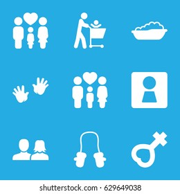 Boy icons set. set of 9 boy filled icons such as woman wc, baby bath, baby mitten, baby hands, man and woman, family, female