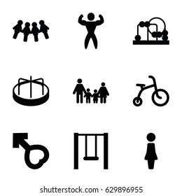 Boy icons set. set of 9 boy filled icons such as child bicycle, baby toy, child playground carousel, woman, male, swing, bodybuilder, family