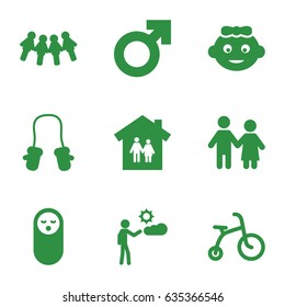 Boy icons set. set of 9 boy filled icons such as baby girl, baby food, child bicycle, baby mitten, man, couple, man symbol, family house