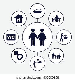 Boy icons set. set of 9 boy filled icons such as baby bath, wc, male, man, family, family house, old woman and child
