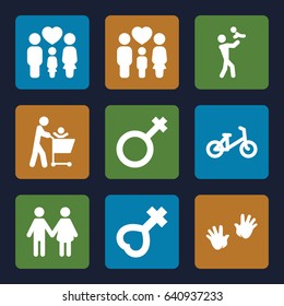 Boy icons set. set of 9 boy filled icons such as child bicycle, baby hands, family, male, female, father with baby