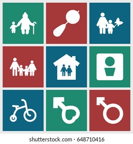 Boy icons set. set of 9 boy filled icons such as man wc, beanbag, child bicycle, woman, male, family, mother and son, family house