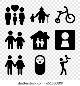 Boy icons set. set of 9 boy filled icons such as woman wc, baby food, child bicycle, family, couple, family house, old woman and child