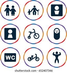 Boy icons set. set of 9 boy filled icons such as man wc, woman wc, baby food, child bicycle, wc, bodybuilder, couple