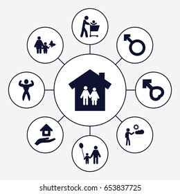 Boy icons set. set of 9 boy filled icons such as woman, male, man, house insurance, bodybuilder, father and son, mother and son, family house