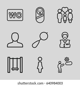 Boy icons set. set of 9 boy outline icons such as beanbag, baby food, woman, man, casino boy, wc, family