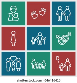 Boy icons set. set of 9 boy outline icons such as baby hands, woman, casino boy, family, male and female, father and son