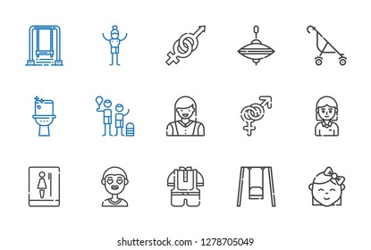 boy icons set. Collection of boy with baby, swing, kid, toilet, student, gender, woman, family, stroller, whirligig, man. Editable and scalable boy icons.