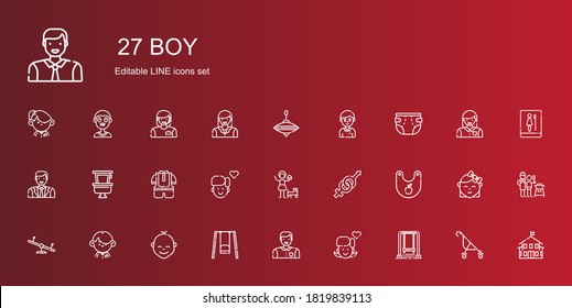 Junge Symbole gesetzt. Kollektion von Jungen mit Schaukel, Mädchen, Mann, Baby, Student, Bib, Geschlecht, Kind, Toilette, Windeln, Whirlpool, Kindergarten, Kinderwagen, Vater und Sohn. Bearbeitbare und skalierbare Jungensymbole.