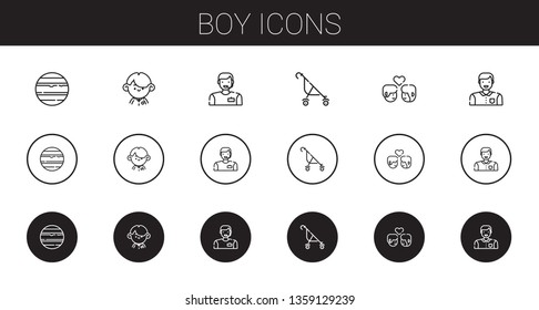 boy icons set. Collection of boy with venus, student, man, stroller, couple. Editable and scalable boy icons.