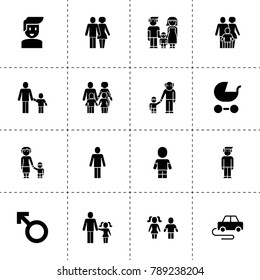 Boy icons. vector collection filled boy icons. includes symbols such as pram, family, man, man sign, grandmother and granson, couple. use for web, mobile and ui design.