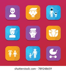 Boy icons. vector collection filled boy icons set.. includes symbols such as man, pram, grandfather and grandson. use for web, mobile and ui design.