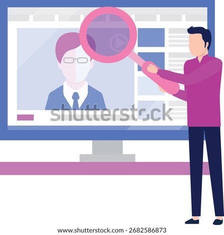 A boy is identifying online profiles, analyzing details, and verifying authenticity to ensure accurate identification, employing advanced tools