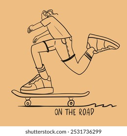 Boy illustration with slogan. Hand drawn skateboarding. Vector graphic design for t-shirt.