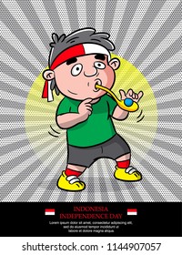 Boy illustration of spoon marbles competition on independence day in cartoon style