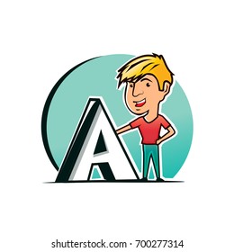 boy illustration stand with letter A, cartoon design, isolated on white background. 