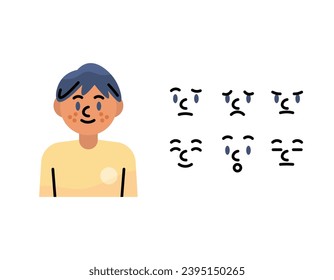 boy illustration. young man. faces of people characters with various expressions. facial expressions of happy, angry, thinking, lazy, sad, amazed, surprised. avatar profile. graphic element assets
