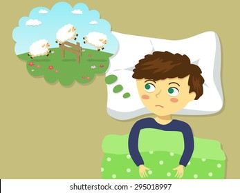 A boy imagine about counting sheep in the field  to make him sleep