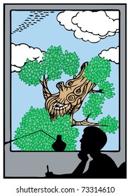 Boy imagines. Tree send off birds. Birds migrate south.
