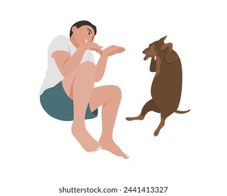 The boy imitate gestures of the dog miniature pinscher in flat vector illustration.