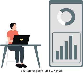 O menino está imerso em trabalho gráfico, focando-se intensamente em sua tela de computador. Ele manipula imagens e desenhos com precisão, utilizando ferramentas de software para aprimorar cores e formas.
