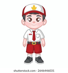  Boy in indonesian elementary school isolated on white background. Vector cartoon illustration.