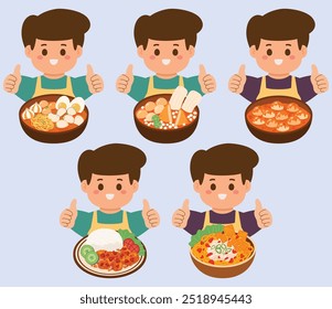 The boy with Indonesian spicy food set collection vector illustration